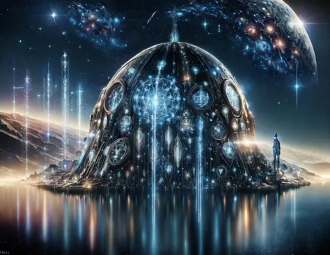 a futuristic city with a giant dome in the middle of the water