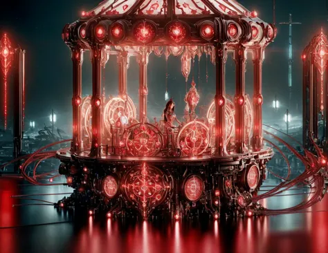 a close up of a carousel with red lights on a city at night