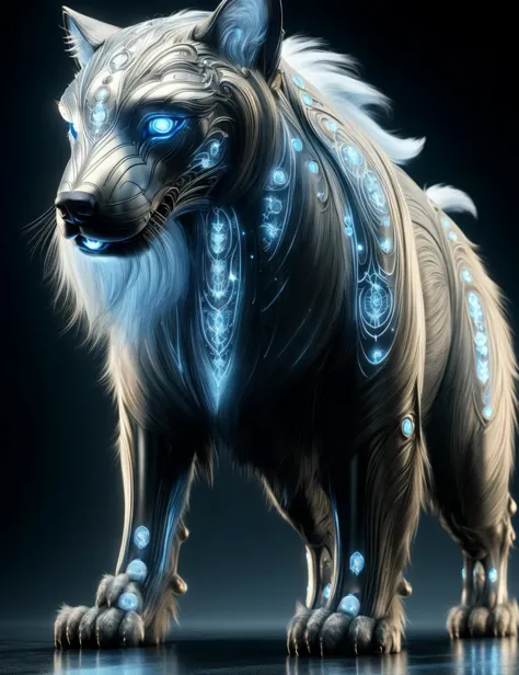 a close up of a wolf with glowing eyes and a glowing tail