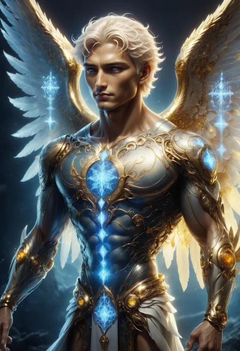 a male angel with a sword and wings in his hands