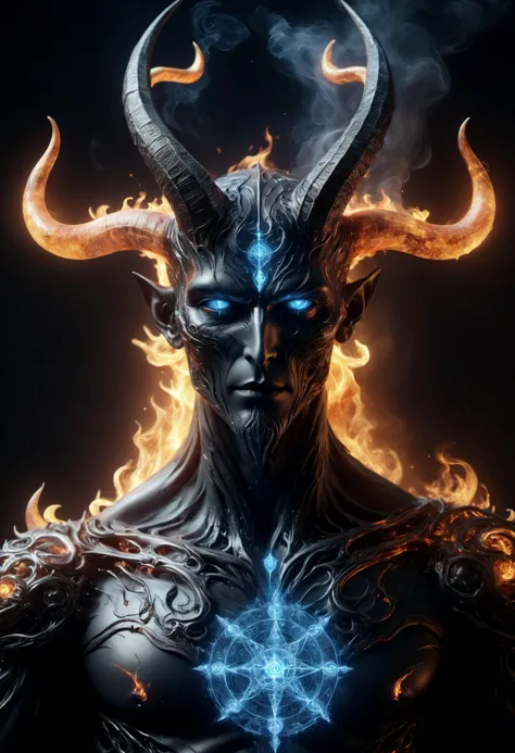 a man with horns and a blue face with fire in his hands