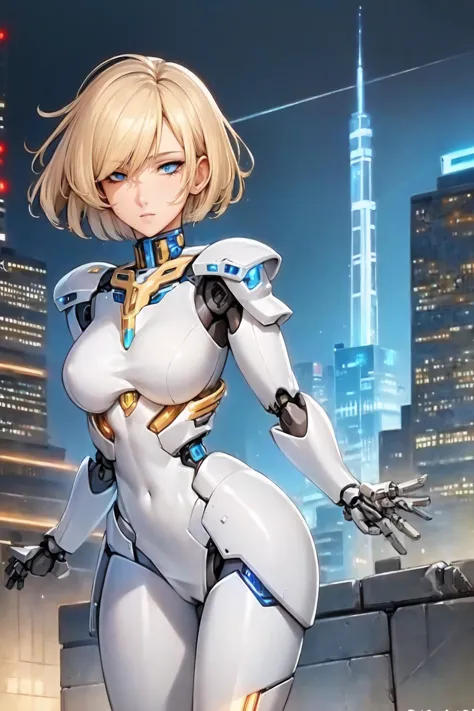 (masterpiece:1.2), (best quality:1.2), perfect eyes, perfect face, perfect lighting, 1girl, mature female, short hair, blonde hair, mecha, armor, robot girl, mechanical body, detailed city background, cyberpunk   <lora:mecha_:1>