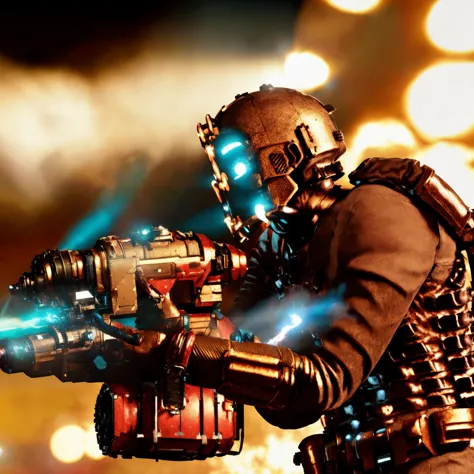 cinematic photo <hypernet:isaacFlame:0.9>shs a man in a space suit with a flamethrower, medium shot, side view, wall of encrusting mass, lit from above, solo, masterpiece . 35mm photograph, film, bokeh, professional, 4k, highly detailed