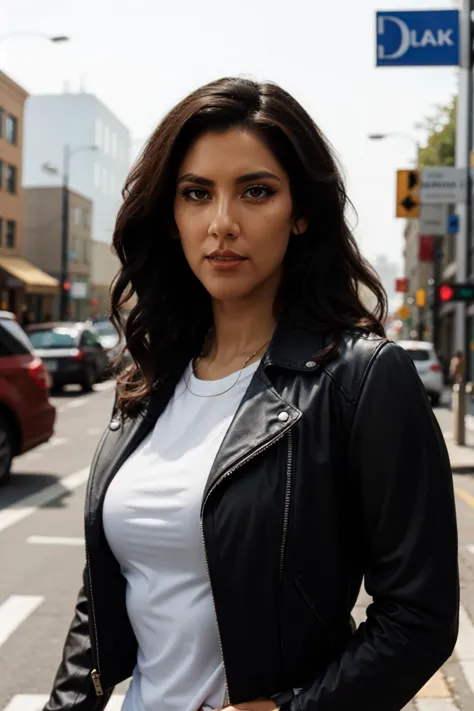 araffe woman in a white shirt and black jacket standing on a city street