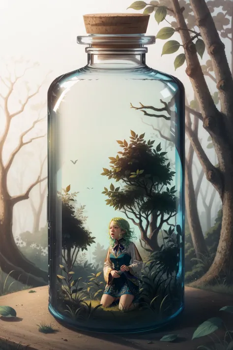 a picture of a glass jar with a girl inside of it