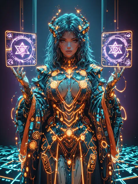 woman, (mad-hrmtcwzrd:1.4), (mad-cyberspace:1.4), Spell rings made of futuristic runes, futuristic robe, orange ornaments, cyberpunk, purple outlines, scifi, 1980s, retro__oliver/body_pose__ digital shapes in the background, (masterpiece:1.2), best quality, (hyperdetailed, highest detailed:1.2), high resolution textures