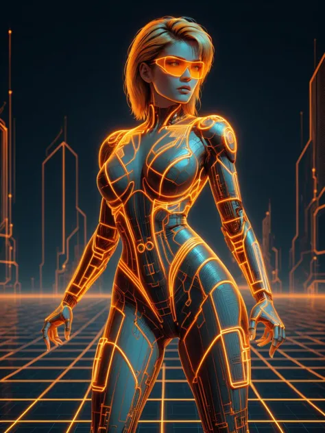 a woman in a futuristic suit standing in front of a futuristic city