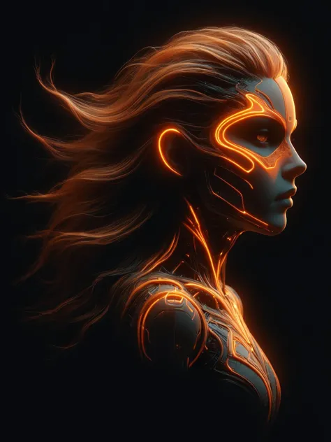 woman floating in the darkness, neon_orange and neon_orange outline, floating hair,  very long hair, mad-cyberspace, cyberpunk, ...