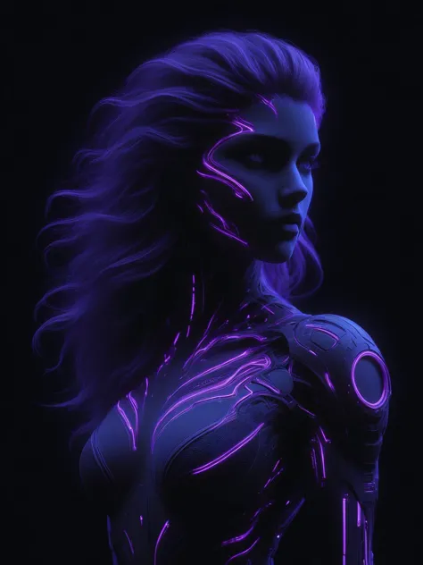 woman floating in the darkness, neon_blue and neon_purple outline, floating hair,  very long hair, mad-cyberspace, cyberpunk, sc...