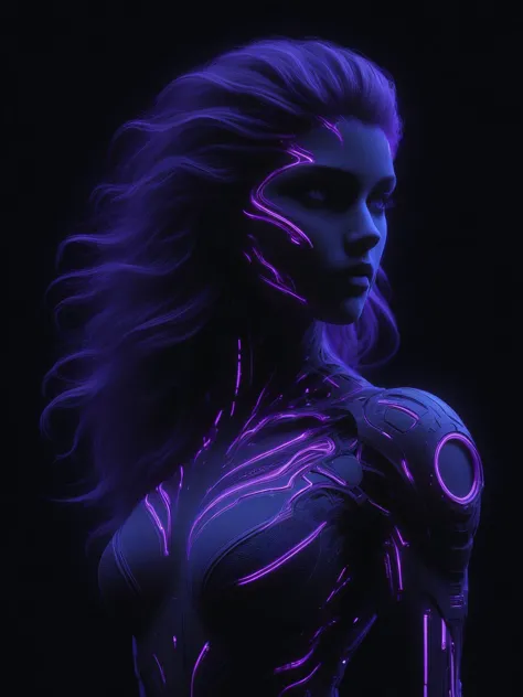 a woman with a futuristic body and purple lights on her chest