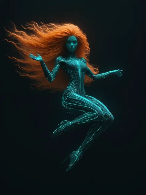 woman floating in the darkness, teal and orange outline, floating hair,  very long hair, mad-cyberspace, cyberpunk, scifi, 1980s...