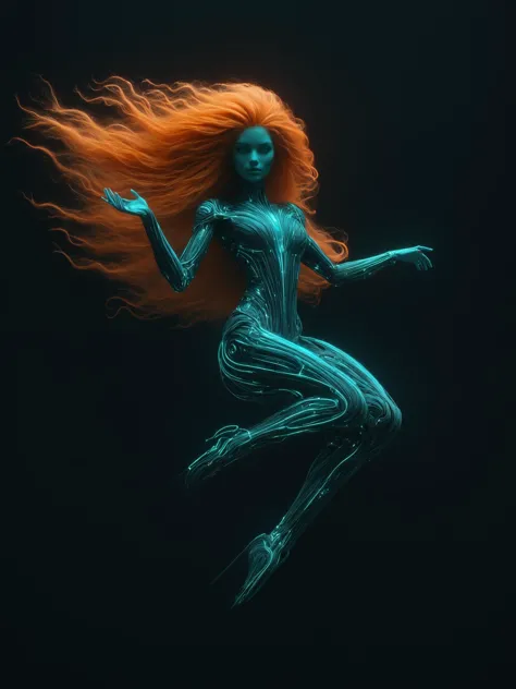 woman floating in the darkness, teal and orange outline, floating hair,  very long hair, mad-cyberspace, cyberpunk, scifi, 1980s, retro dynamic pose<lora:- SDXL - vant_blk_contrast_V2.0:1> <lora:Neon_Cyberpunk_SDXL_-_Cyberspace:0.7>  <lora:DonMW15pXL:0.7> DonMW15pXL, the head of a, masterpiece, best quality, ultra high res, (photorealistic, realistic:1.2), deep shadow, raw photo, film grain, Fujifilm XT3, 8k uhd, dslr