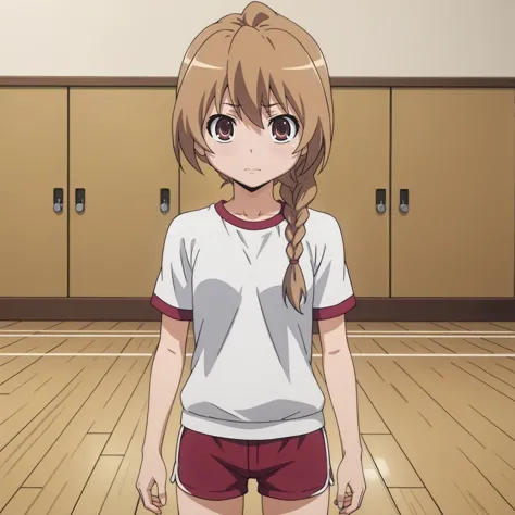 anime girl in a white shirt and red shorts standing in a gym