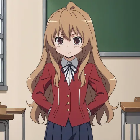 anime girl in a school uniform standing in front of a blackboard