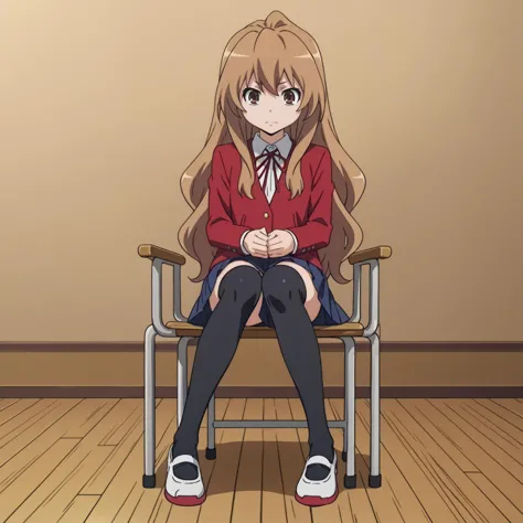 anime girl sitting on a chair in a room with a wooden floor