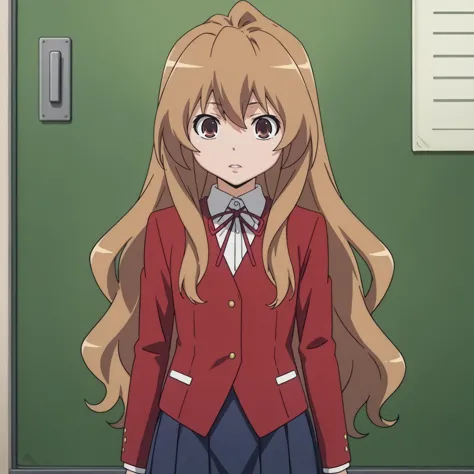 anime girl in school uniform standing in front of a green wall