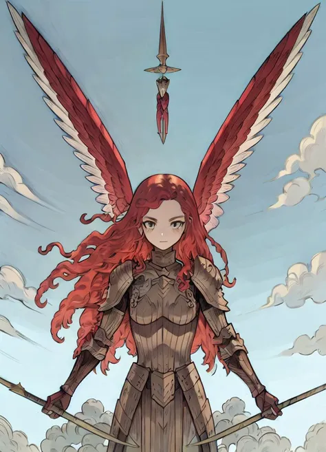 a woman with red hair and wings holding two swords