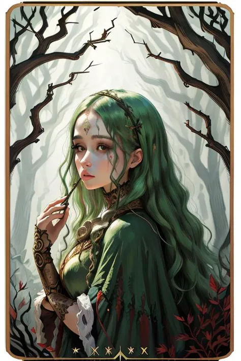 a woman with green hair and a green cape is standing in the woods