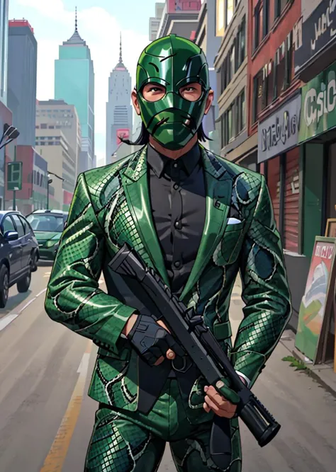 arafed man in a green suit with a gun on a city street