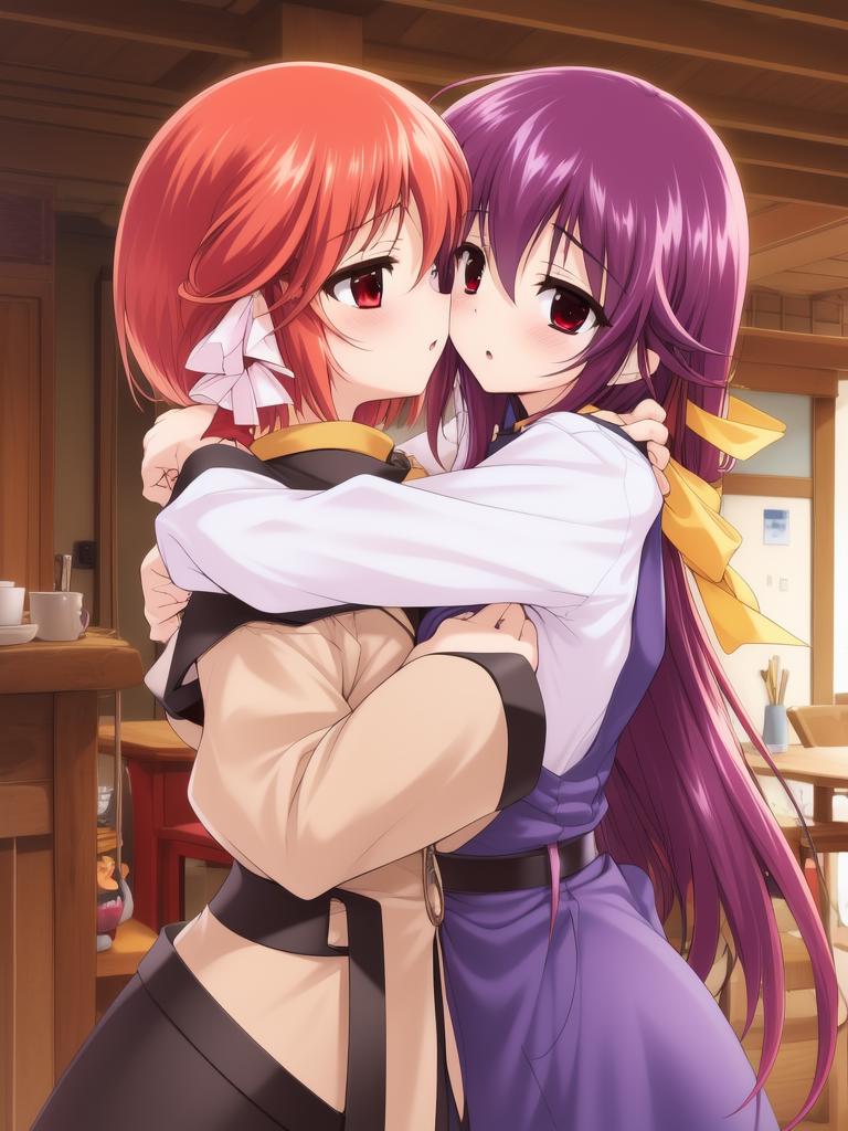 Two anime girls hugging each other in a kitchen - SeaArt AI