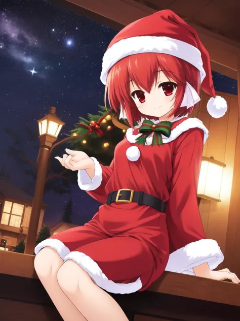 <lora:HeartfulCafe:0.8> kousaka_chiyori, 1girl, solo, red hair,short hair,red eyes, Christmas, SantaClaus, hat, night, starry sk...