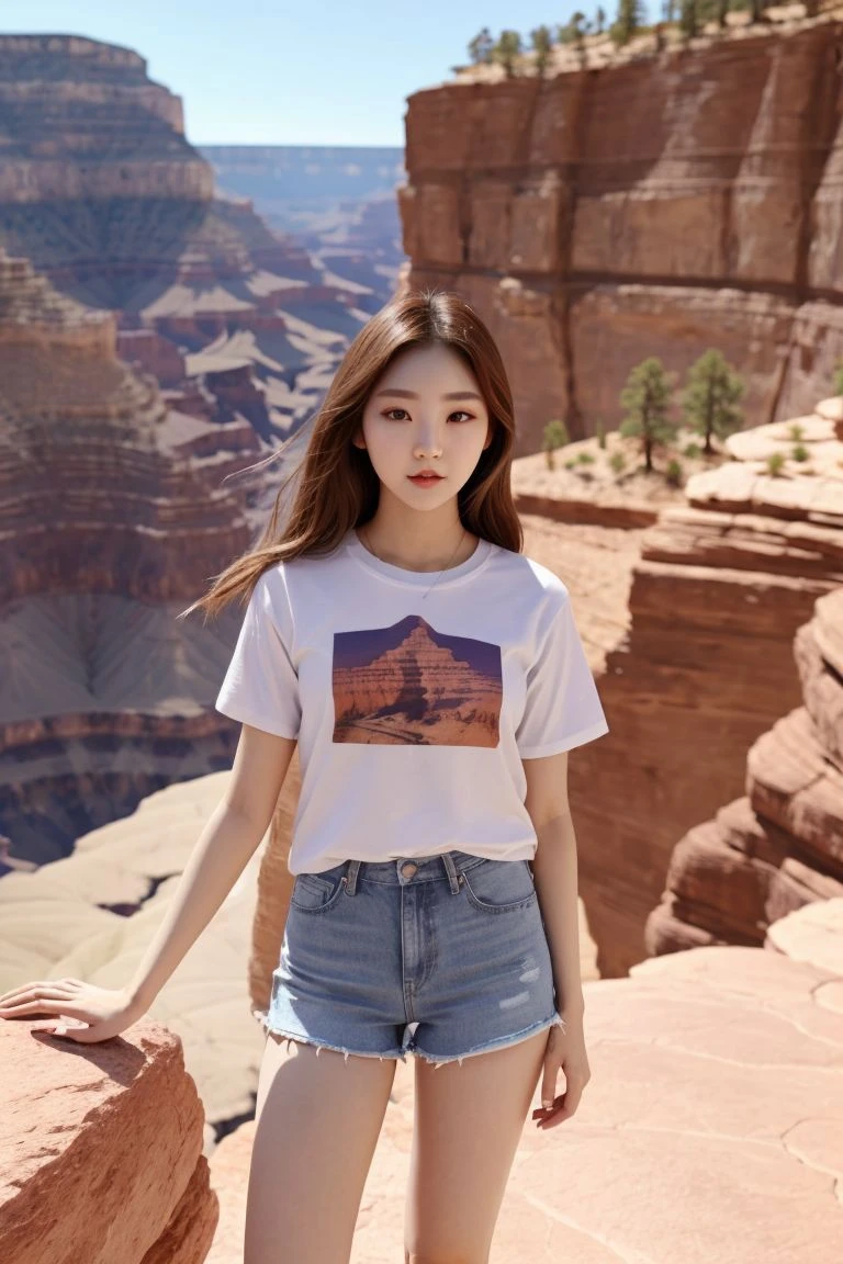 full_body, standing, sandals, t-shirt, shorts, grand canyon, (rock_chae_eun: 1.1), perfect face, (contact iris: 1.1), pale skin, skin pores , depth of field