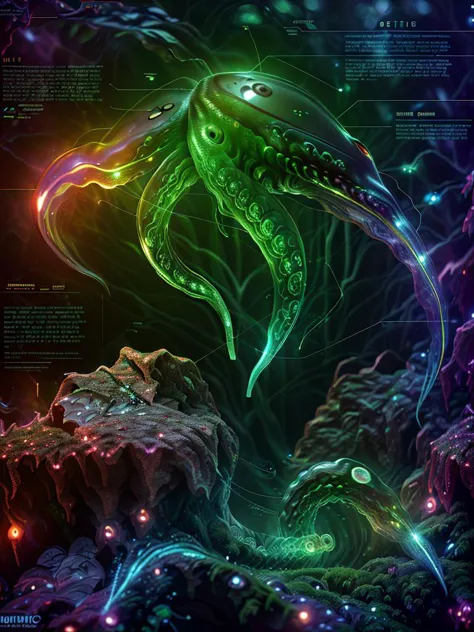 a digital painting of an octopus with glowing tentacles