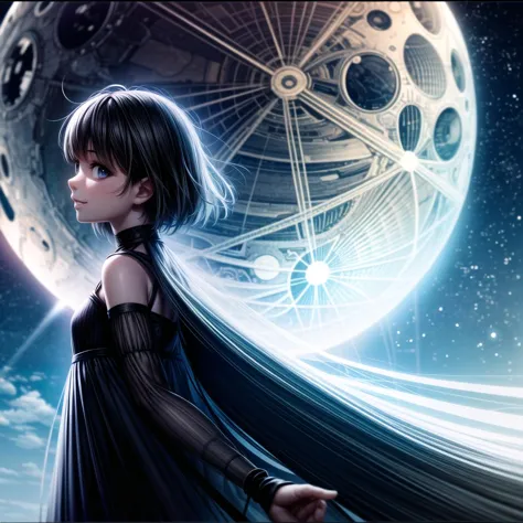 anime girl in black dress standing in front of a large moon