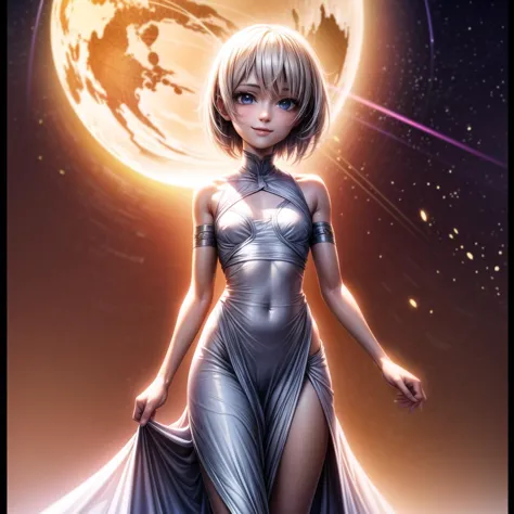 a woman in a silver dress standing in front of a full moon