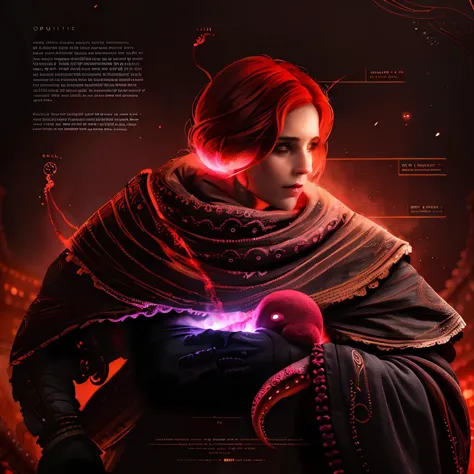 a woman with red hair and a cape holding a glowing object