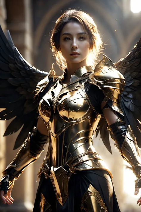 medieval high-tech cyborg woman, black and gold plate medieval style Armor, fallen angel, very sexy physique destroyed skyscrape...