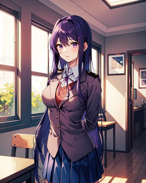 Anime girl in uniform standing in a room with a window - SeaArt AI