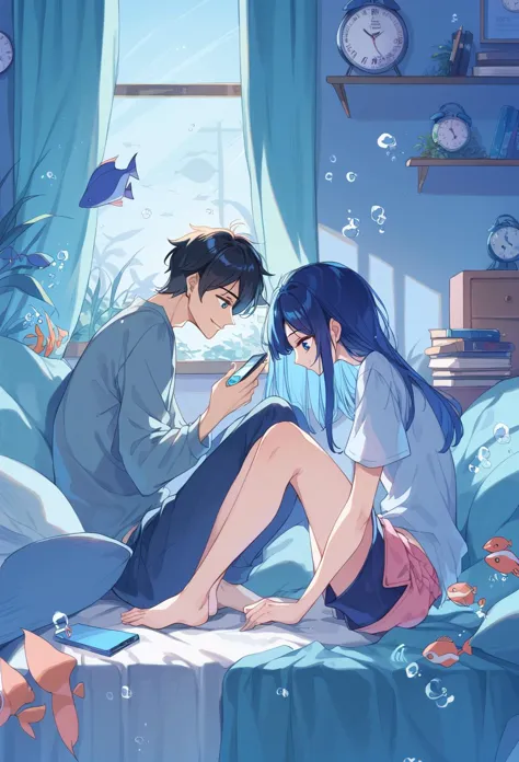 score_9, score_8_up, score_7_up, 1girl, 1boy, black hair, barefoot, long hair, shirt, clock, sitting, curtains, pants, indoors, ...