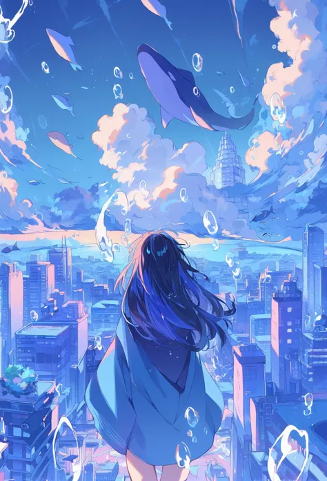 score_9, score_8_up, score_7_up, 1girl, whale, city, cloud, sky, building, long hair, bubble, scenery, solo, outdoors, cityscape...