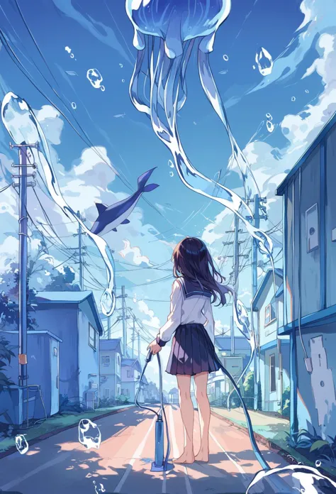 score_9, score_8_up, score_7_up, 1girl, ligne claire, solo, skirt, cloud, sky, black hair, long hair, outdoors, white shirt, shirt, barefoot, blue sky, building, from behind, wide shot, hose, black skirt, power lines, day, whale, standing, utility pole, scenery, blue theme, fish, holding, water, school uniform, pleated skirt, shadow, bubble, jellyfish, long sleeves, surreal, tree, facing away, cloudy sky, house, <lora:ichigoame-xl-v2-000010:1>,