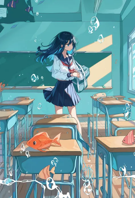 score_9, score_8_up, score_7_up, 1girl, fish, desk, classroom, chalkboard, long hair, skirt, school desk, bubble, solo, black ha...