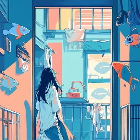 score_9, score_8_up, score_7_up, 1girl, solo, black hair, clothes hanger, laundry, clothesline, window, long hair, bubble, limited palette, shirt, ligne claire, fish, wide shot, railing, indoors, white shirt, flat color, blue theme, <lora:ichigoame-xl-v2-000010:1>,