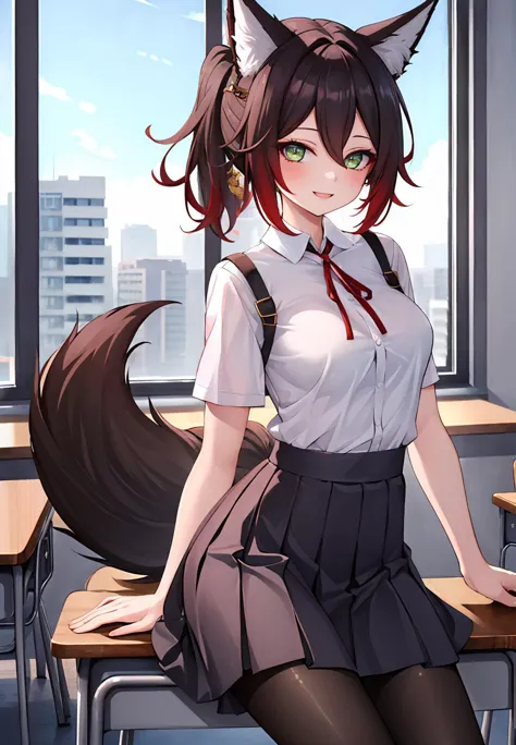 ((masterpiece,best quality)), 1girl, tingyun, fox tail, school uniform, black pantyhose, classroom, smile,