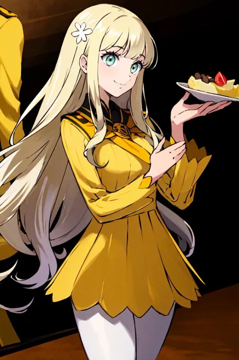 anime girl in yellow dress holding a plate of food