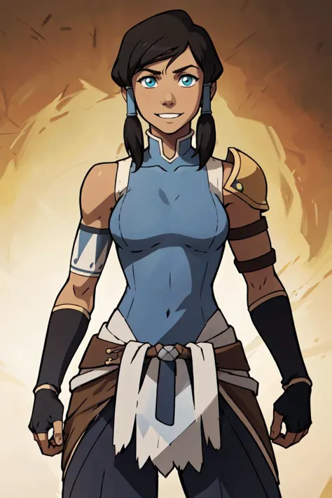 ((masterpiece,best quality)), <lora:Sugimori_Ken_Style_v3:0.5>, absurdres, <lora:Korra_v3:0.7>, korra, short hair, black hair,  solo, smiling, looking at viewer, cowboy shot, shiny metal, body armor, breastplate, fingerless gloves, shoulder armor, gauntlets