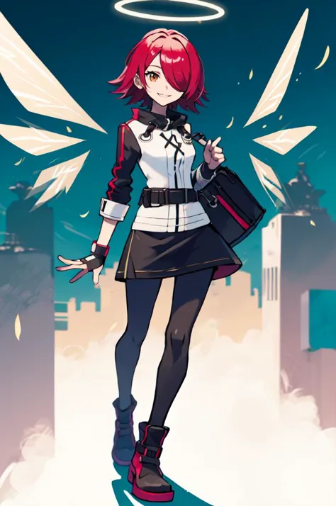 <lora:exusiai:1> exusiai, 1girl, solo, red hair, short hair, brown eyes, hair over one eye, halo, jacket, belt, black pantyhose, detached wings, black skirt, fingerless gloves, smile,  <lora:Sugimori_Ken_Style_v3:0.7>, absurdres, ultra detailed, masterpiece, best quality, aesthetic, detailed,