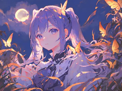 (mksks style), masterpiece, best quality, ultra-detailed, illustration, portrait, 1girl, night time, moon light, siiting on grass, luminous butterfly, twintail, purple hair  <lora:keqing:0.75>