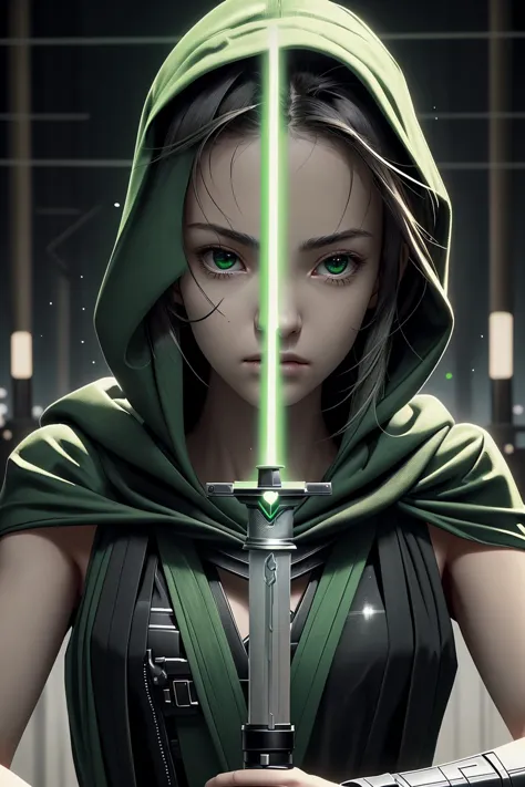 1girl,  <lora:swordup-pose-richy-v1:0.5>  long green lightsaber swordup, looking at viewer, close-up,black hood, on a sci-fi battlefield