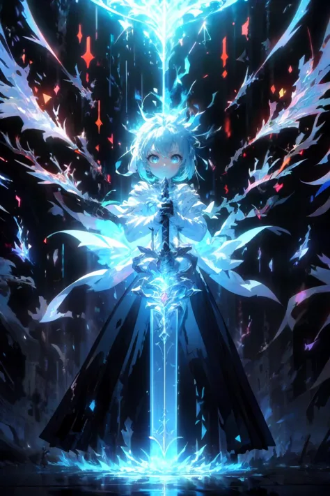 (masterpiece, best quality, ultra detailed), magical, ice, 1girl, solo, full body shot, magical girl, (glowing PlantedSword:1.2)...