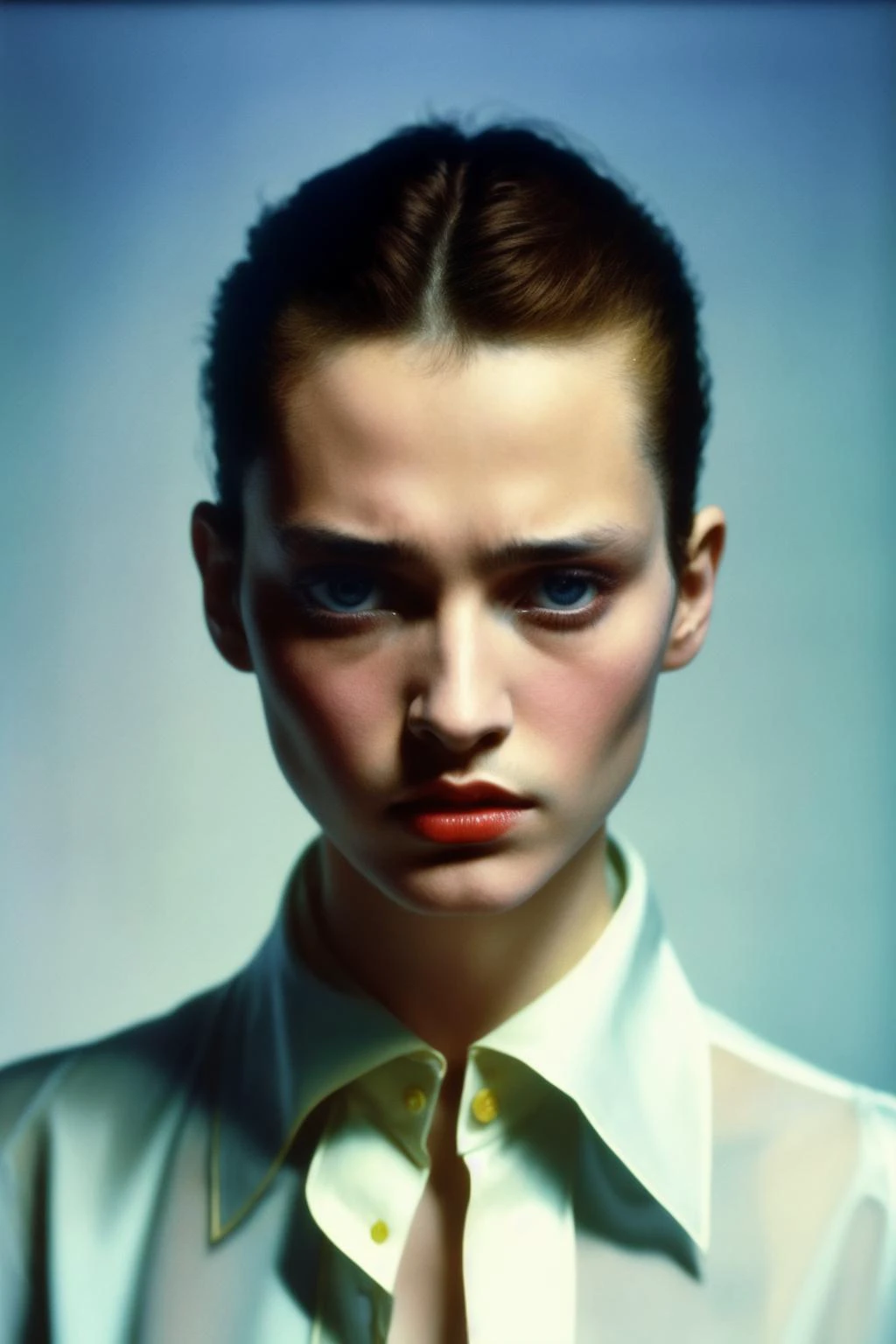 1 девушка
(детальное лицо)
рубашка,
Паоло Роверси, драматическое освещение, 1980 год.
( шедевр,реалистичный,  photoреалистичный) (Лучшее качество)