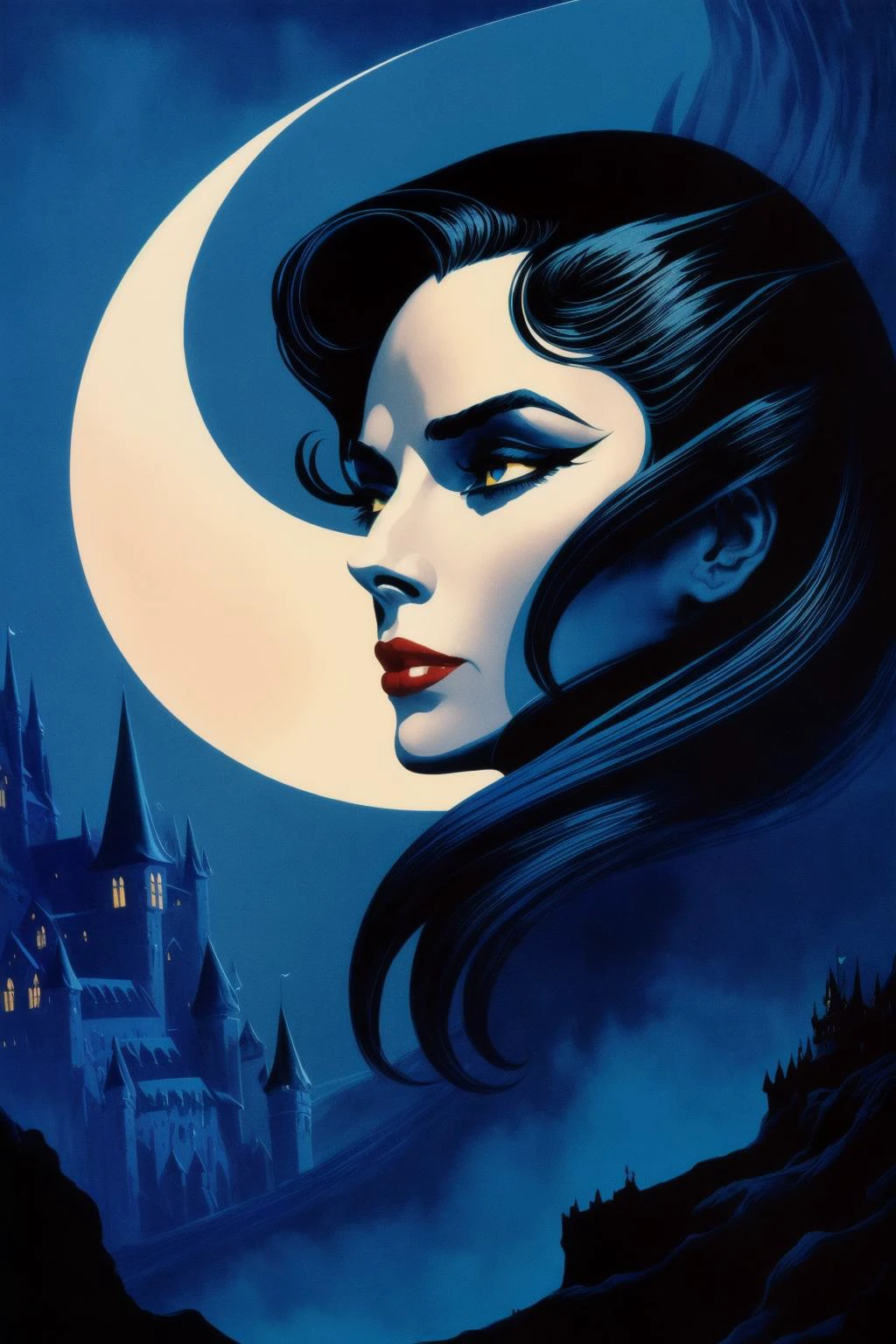 1 woman
beautiful
witch 
detailed face
moon
castle
Eyvind Earle
(best quality, masterpiece) 