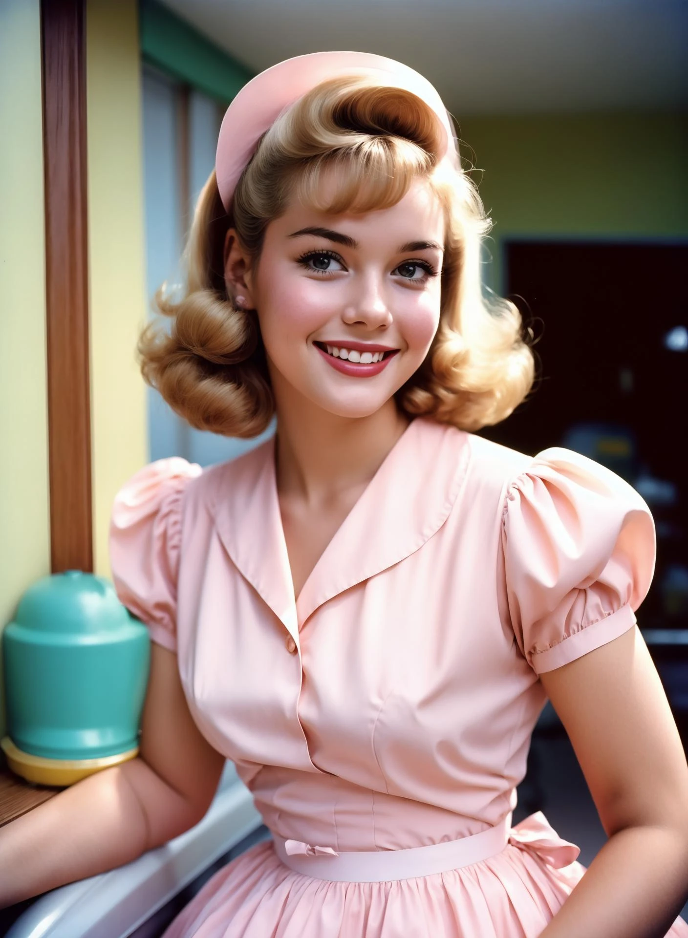 一個美麗的年輕家庭主婦的肖像, 微笑著, 穿著淡粉色連身裙, 照片是 20 世紀 50 年代用模擬相機拍攝的. 人們穿著 50 年代傳統風格的衣服, 留著 50 年代傳統髮型的人, 威廉·埃格爾斯頓攝, 50 年代的樣子, 非常詳細, 柔和的顏色略有褪色, 稍微模糊, 略帶顆粒感, 胶片摄影