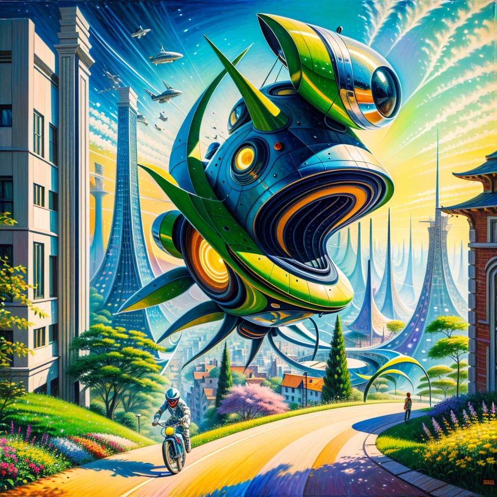 1970s \(style\), painting \(medium\), (detailed:1.2), (colorful:1.2), (fascinating:1.4), (irresistible:1.4), (futurism), (impressionist:1.1), (surreal:1.1), cute, green, black