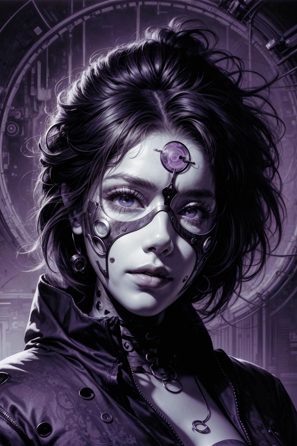 une femme avec un masque sur le visage et un fond violet avec des cercles et des lignes autour de son visage et un masque noir et blanc, Android Jones, art du jeu, Art cyberpunk, néo-figuratif, 