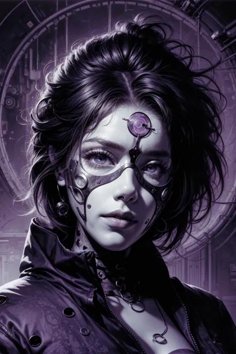 a woman with a mask on her face and a purple background with circles and lines around her face and a black and white mask, Android Jones, game art, cyberpunk art, neo-figurative, <lora:add_detail:1>, <lora:novel_bright:.5>